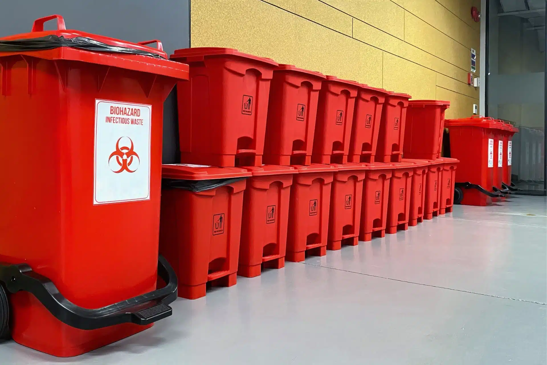 Rows of red biohazard waste bins stored in a facility, with a large bin labelled "Biohazard Infectious Waste" 