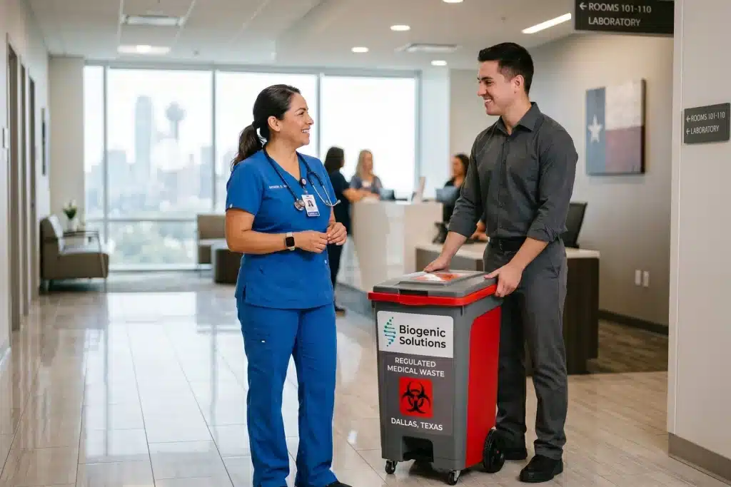A female nurse and a medical waste professional from Biogenic Solutions in a clean, brightly lit, modern Texas medical clinic