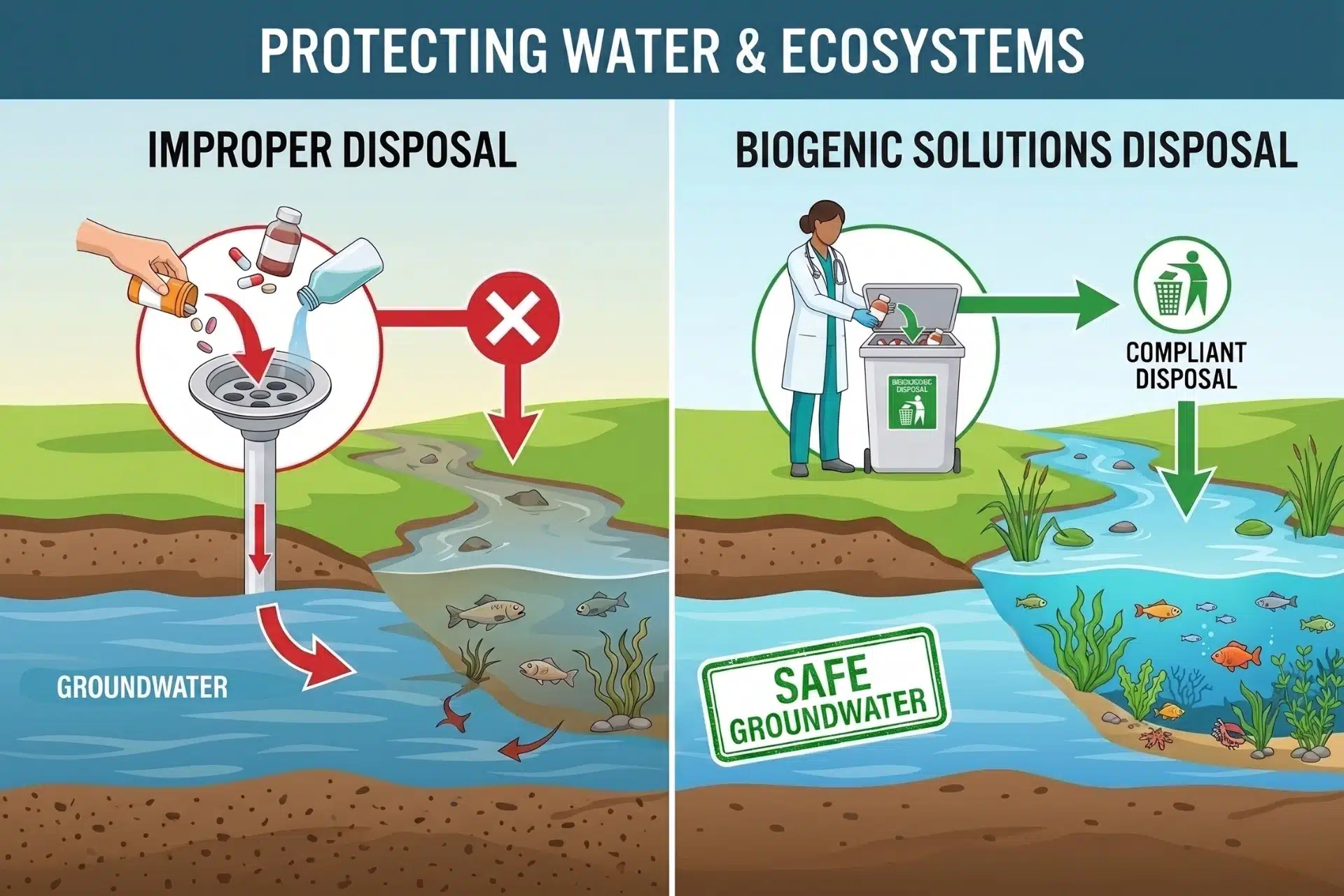 An infographic showing two water ecosystem scenarios: medications improperly disposed of vs. proper containment and disposal