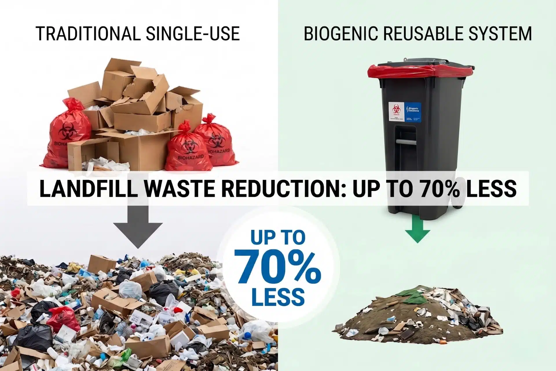 An infographic comparing landfill waste: single-use systems vs Biogenic's reusable container system, demonstrating a 70 percent reduction in landfill waste