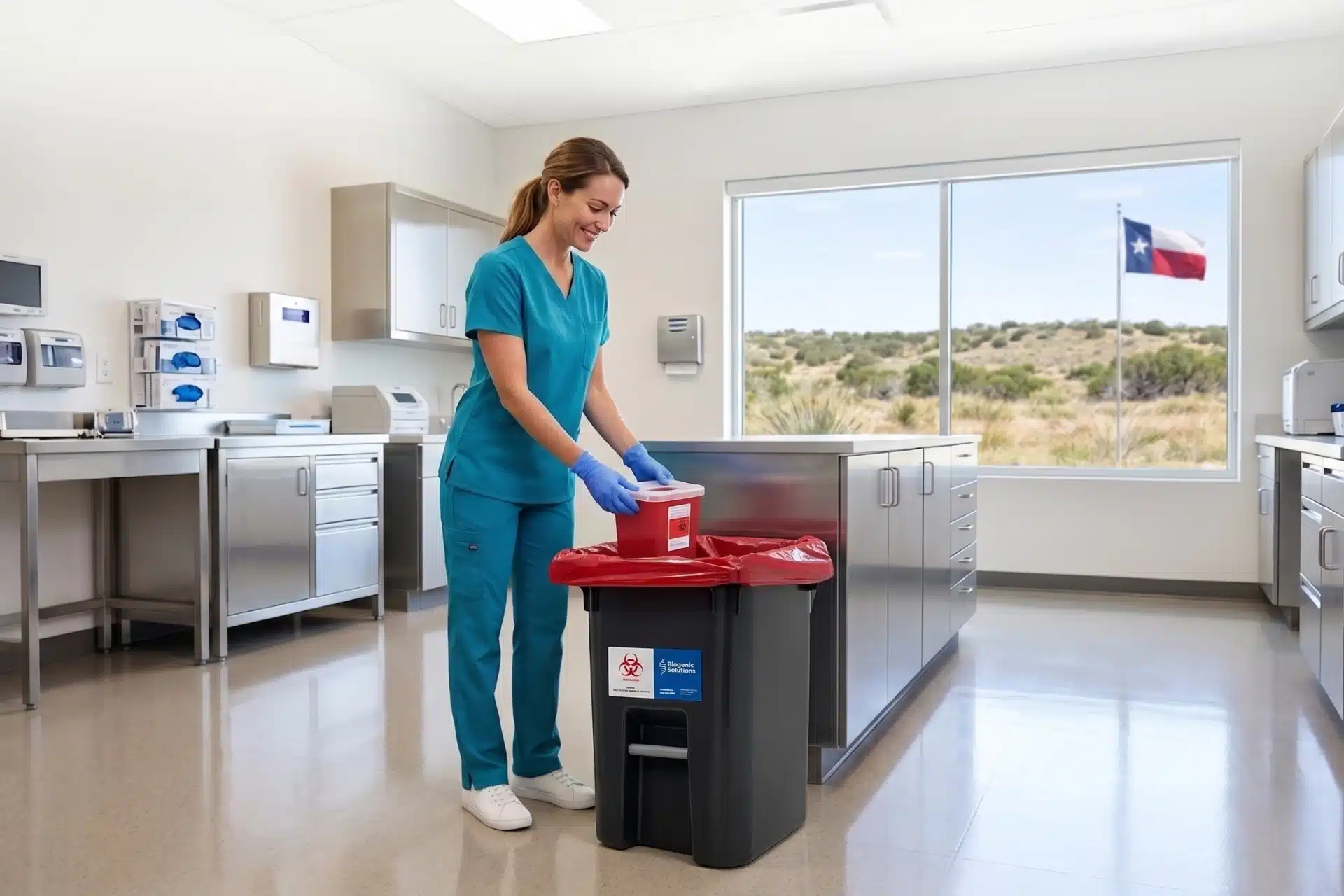 A healthcare professional in scrubs is placing regulated waste into a durable Biogenic Solutions reusable container in a clean clinical setting