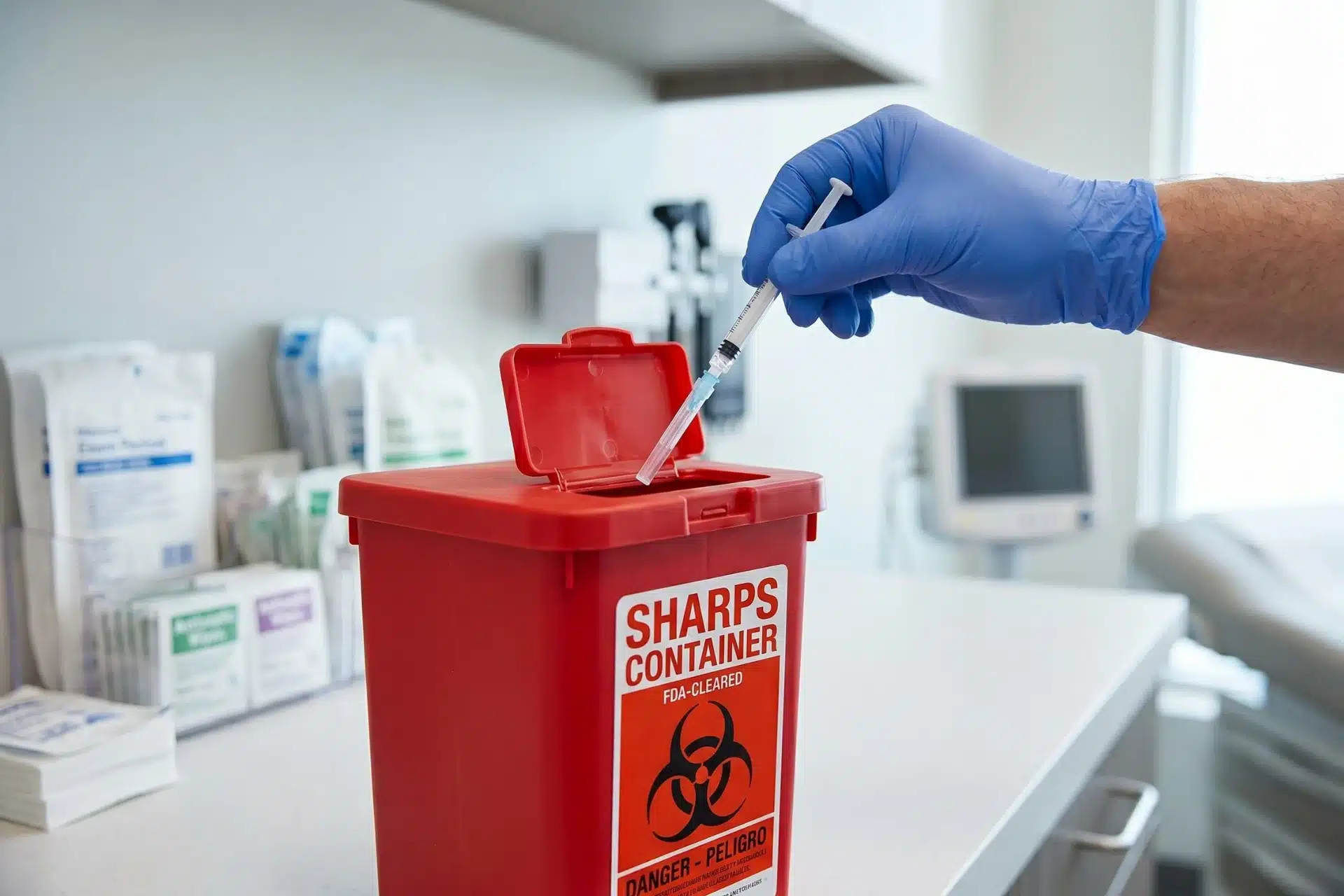 A gloved hand disposing of a medical syringe into a red FDA-cleared sharps container