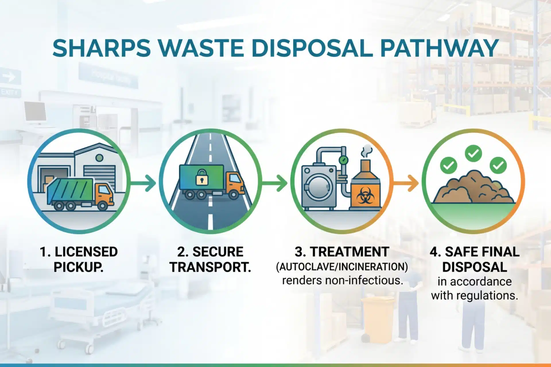  Infographic visualizing the four main steps of sharps waste disposal after collection: licensed pickup, secure transport, treatment via autoclave or incineration, and final safe disposal. 