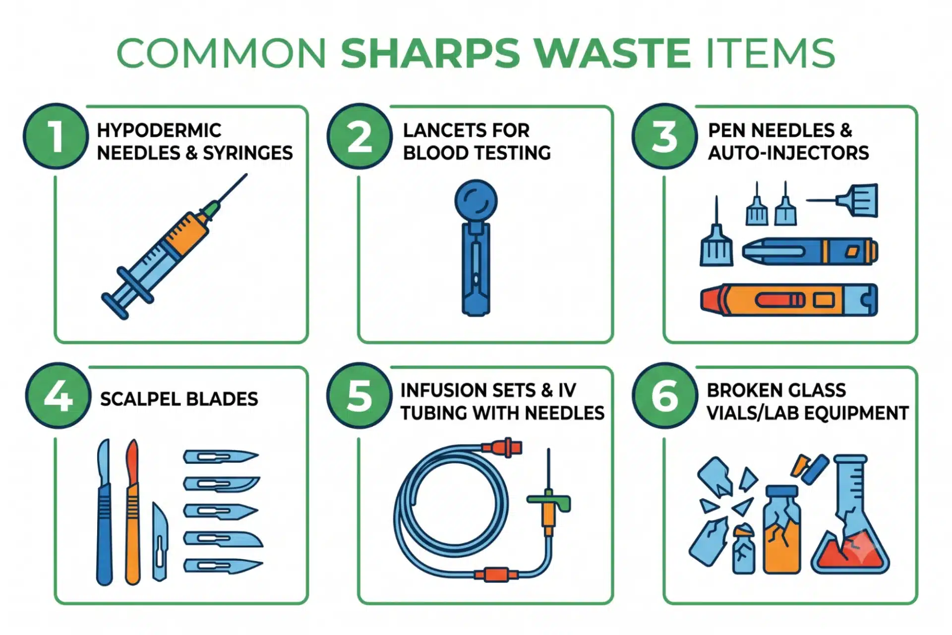 Infographic identifying sharps waste items: needles, syringes, lancets, pen needles, scalpel blades, and broken laboratory glass vials 