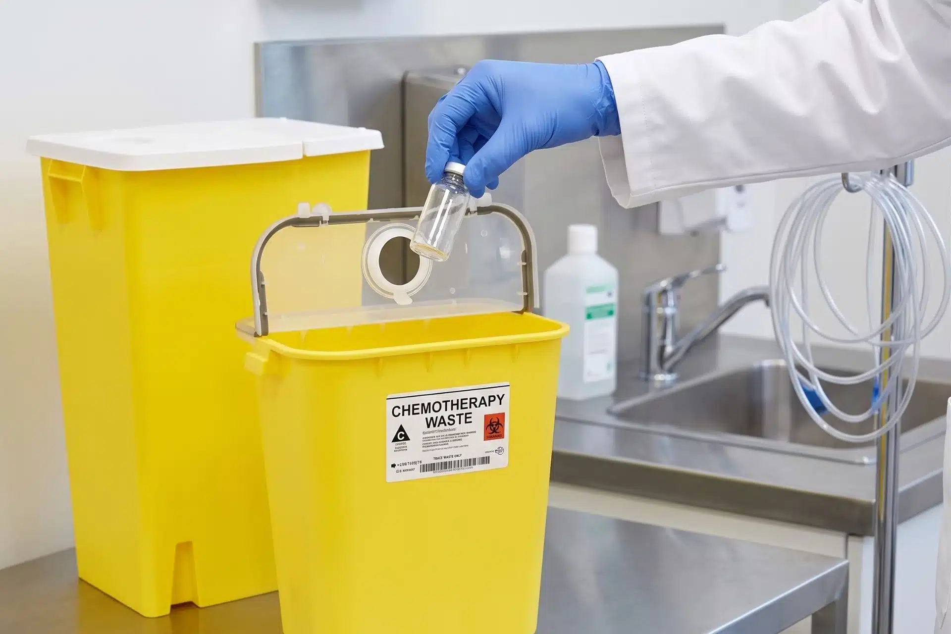 A medical professional in gloves disposes of a used vial into a dedicated yellow chemotherapy waste container in a clean clinic setting