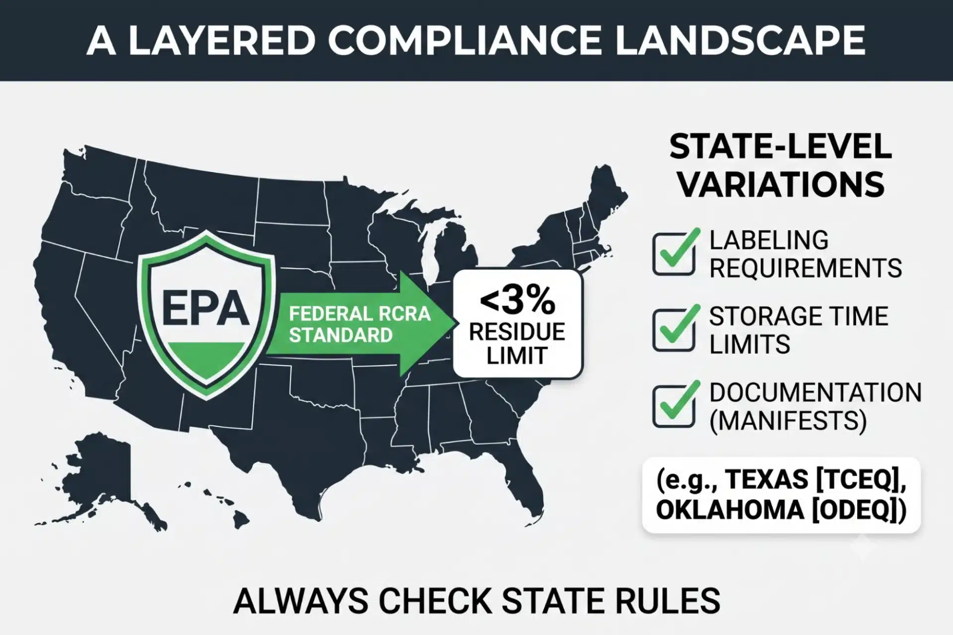 An infographic showing the federal EPA standards and additional state-level requirements for trace chemotherapy waste.