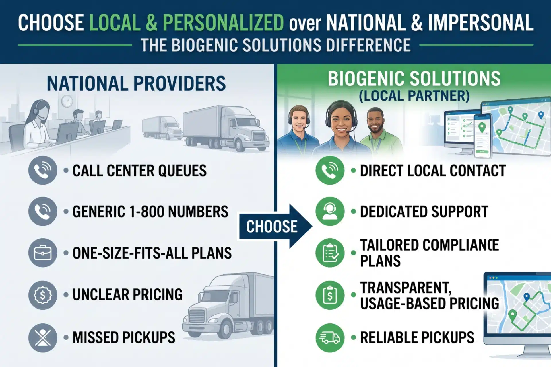 Comparison chart showing the benefits of Biogenic Solutions' personalized service over national medical waste providers