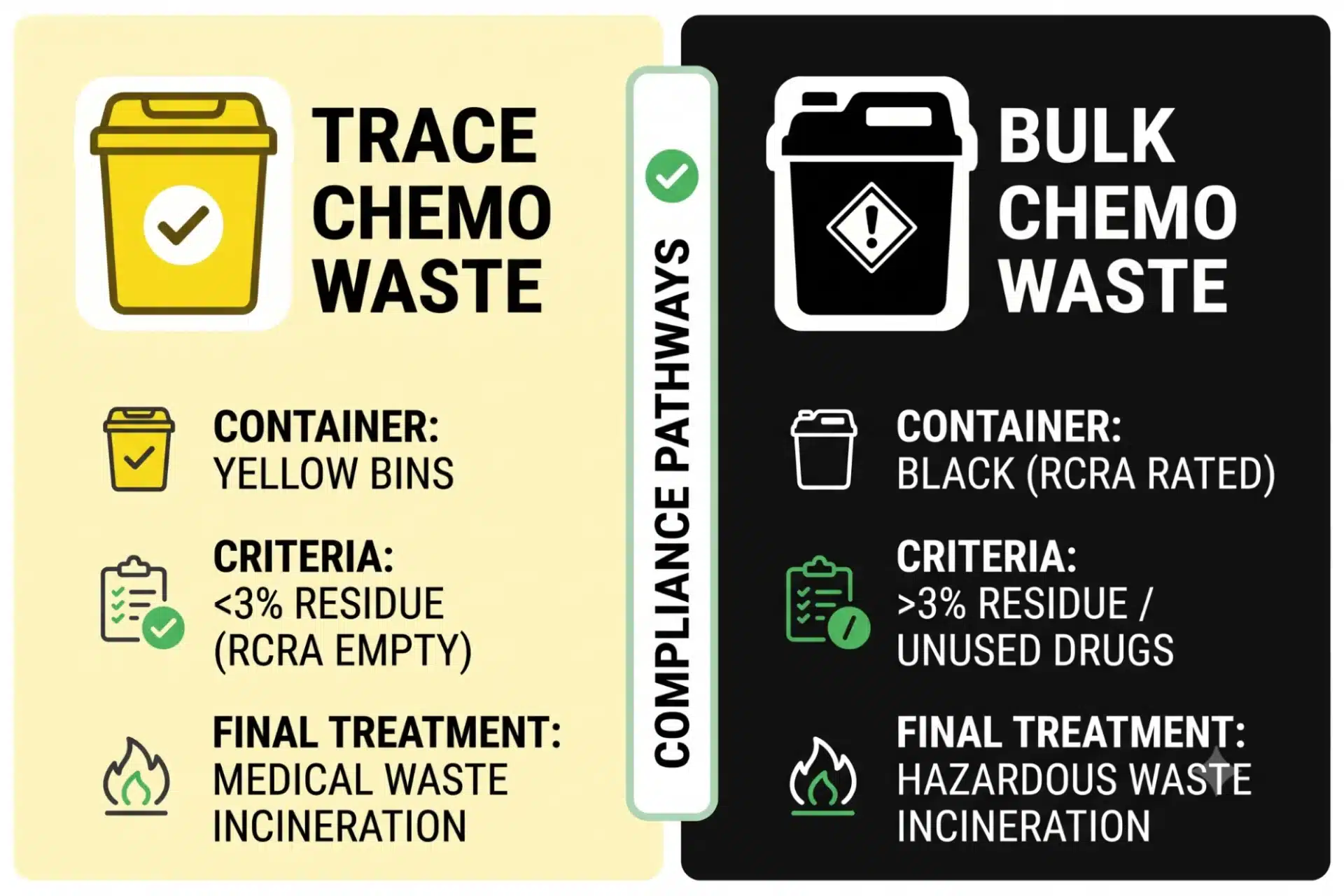 A side-by-side infographic comparing trace (yellow container, incineration) versus bulk (black container, hazardous waste incineration) chemotherapy waste.