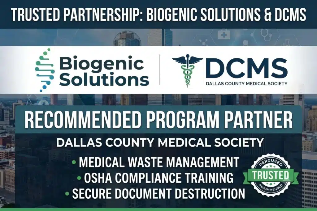 Graphic illustrating Biogenic Solutions' endorsement as the recommended medical waste partner by the Dallas County Medical Society